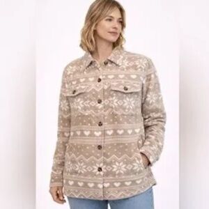 NWT I Believe Womens Shirt Jacket Tan White Heart Snowflake Button Up Fleece 1XL